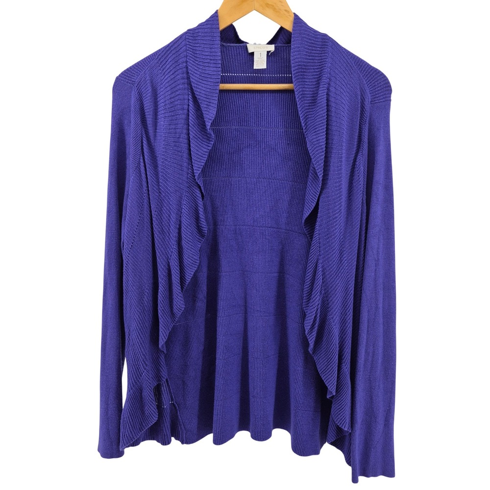 Chicos Size 1 Purple Ribbed Knit Waterfall Cardigan Ruffle Sweater Sz M‎ Travel
